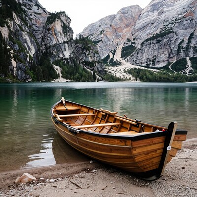 Wooden boat on mountain lake
