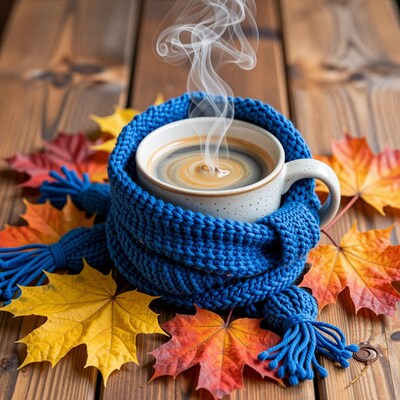 Hot Coffee in Blue Scarf with Autumn Leaves