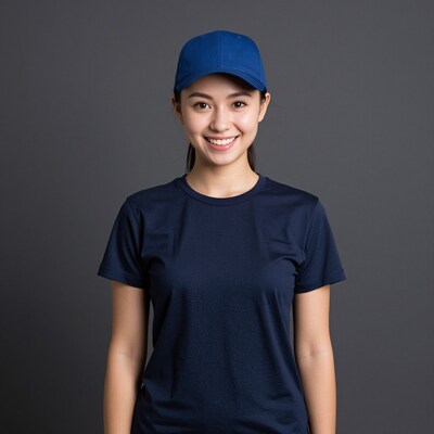 Smiling Asian woman in blue cap and t-shirt