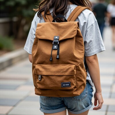Woman with brown backpack