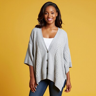 Smiling Black Woman in Gray Knit Cardigan