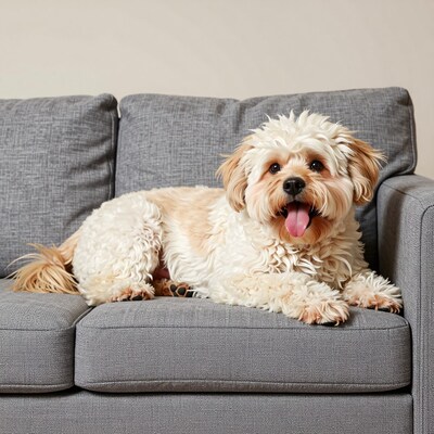 Happy Dog on Gray Couch