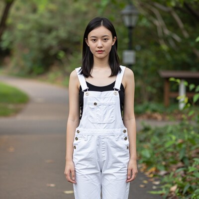 Young Asian Woman in White Overalls