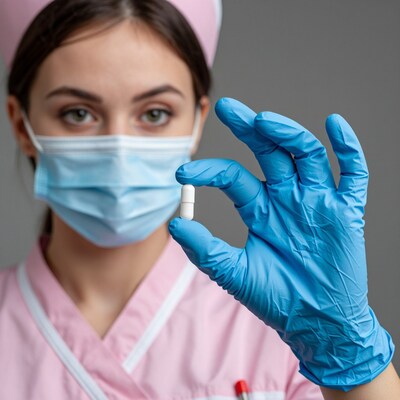 Nurse holding medical pill