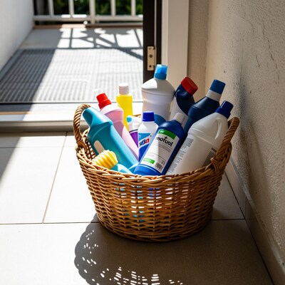 Wicker Basket Full of Cleaning Products
