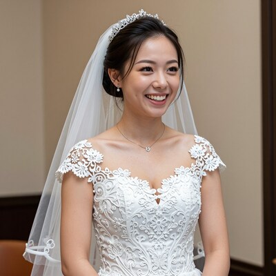 Smiling Asian Bride in White Wedding Dress