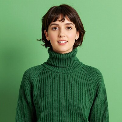 Woman in green turtleneck sweater