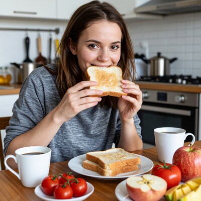 Woman Eating Toast Breakfast
