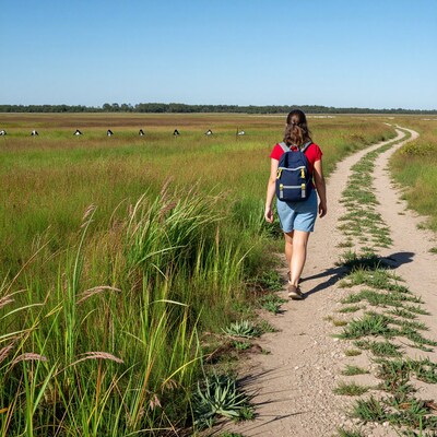 Woman hiking marsh trail