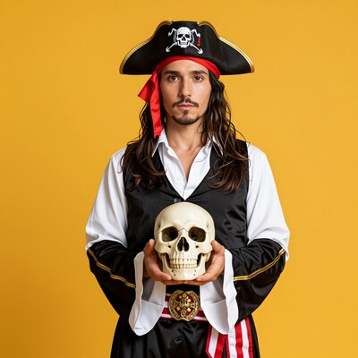 Man in Pirate Costume Holding Skull