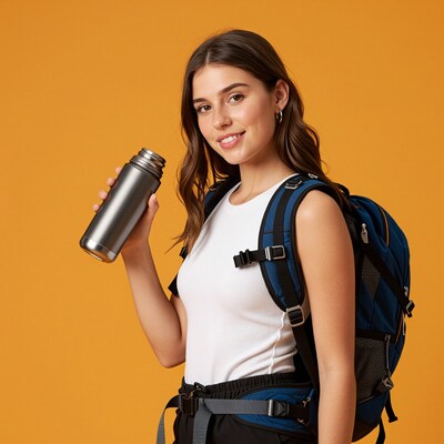 Woman with backpack and thermos