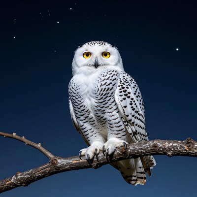Snowy Owl on Branch at Night