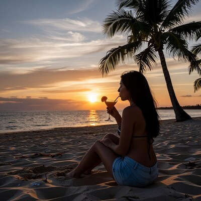 Woman sipping cocktail at tropical beach sunset