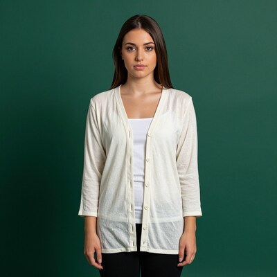 Woman in white cardigan