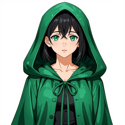 Anime girl in green hooded cloak