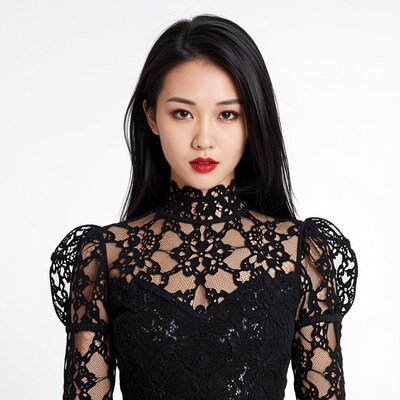 Asian woman in black lace dress