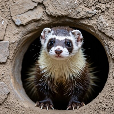 Ferret peeking from burrow