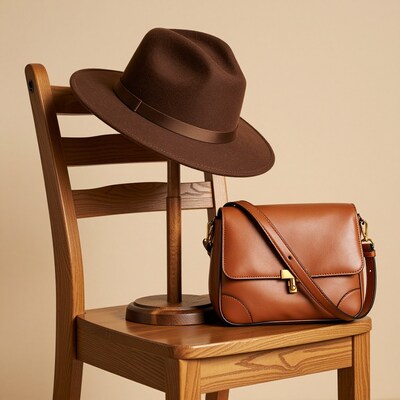 Brown Fedora Hat and Leather Bag on Chair