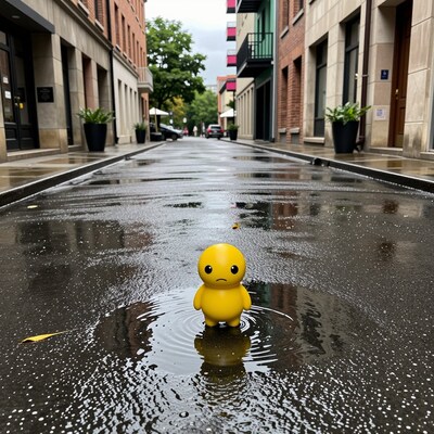 Yellow sad toy in rainy city puddle