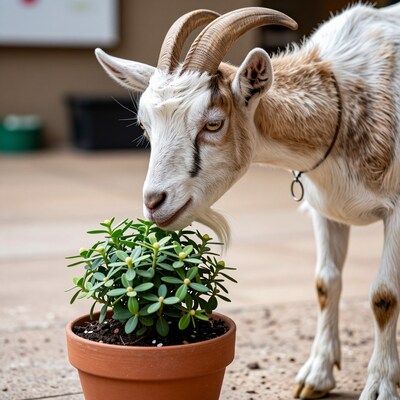 Goat sniffing potted plant