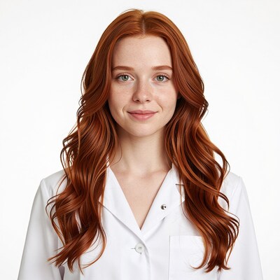 Redhead woman in lab coat