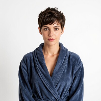 Woman with short pixie haircut in blue robe