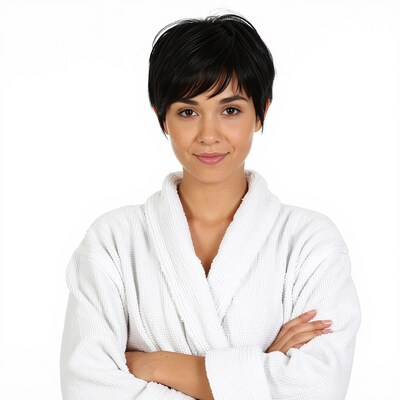 Woman in white bathrobe
