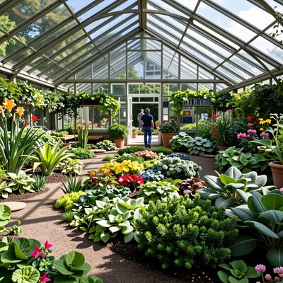 Man in lush greenhouse garden