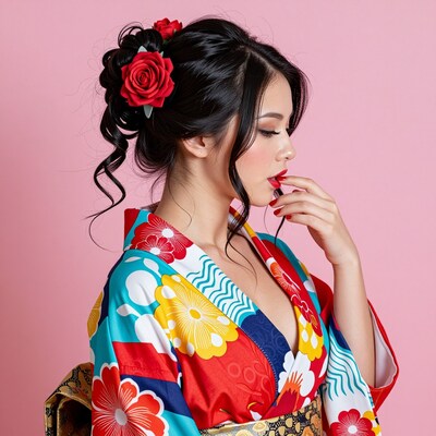 Asian woman in colorful kimono