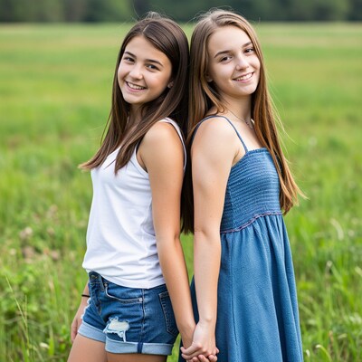 Two teen girls smiling in field