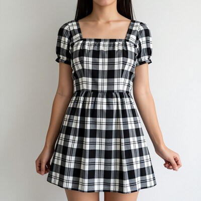 Woman in Black White Plaid Dress