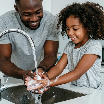 Father and daughter washing hands