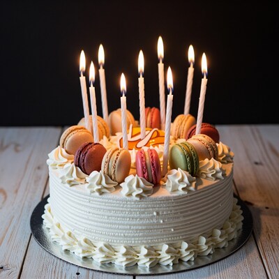 Birthday Cake with Macarons and Candles