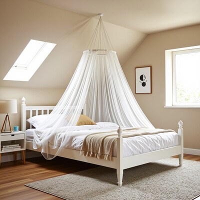 White canopy bed attic bedroom