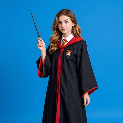 Young witch in Hogwarts robe with wand