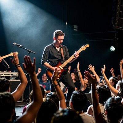 Male guitarist performing live concert