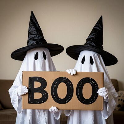 Two Ghost Kids Holding Boo Sign