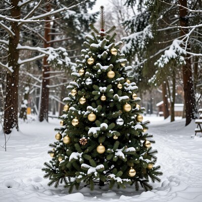 Snowy Christmas Tree in Forest