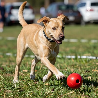 Dog chasing red ball