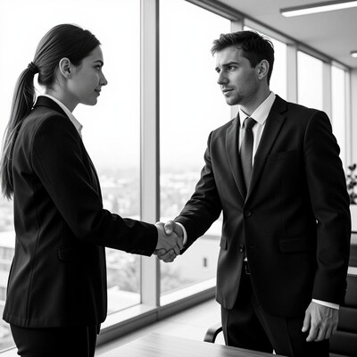 Businessman and businesswoman handshake