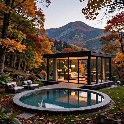 Modern Glass House Autumn Pool