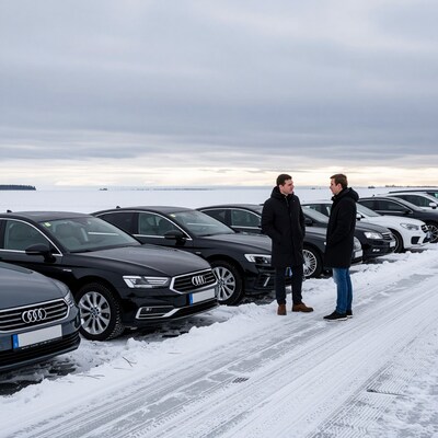 Men Discussing Cars on Frozen Lake