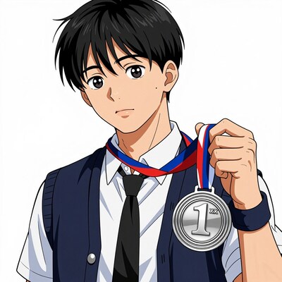 Anime boy with first place medal