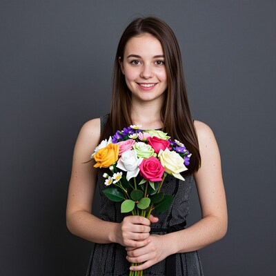 Young woman with colorful flower bouquet