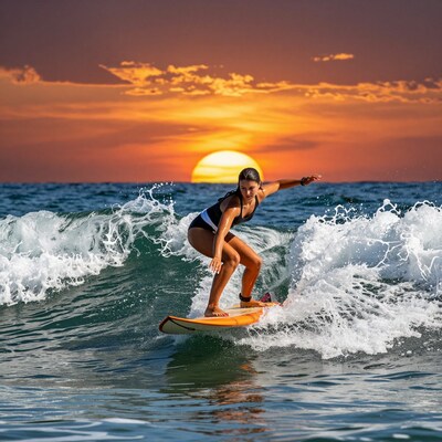 Woman surfing at sunset
