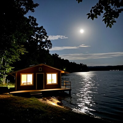 Moonlit lakeside cabin