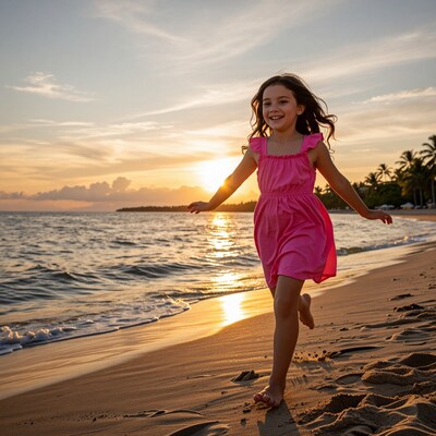 Girl running on beach at sunset