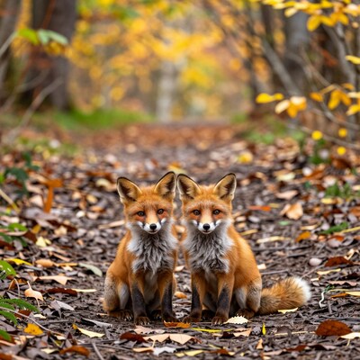 Two Red Fox Kits in Autumn Forest