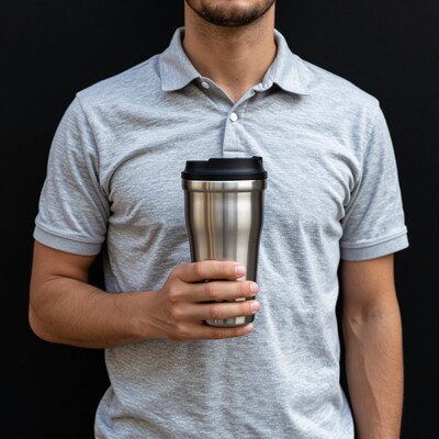 Man holding stainless steel travel mug