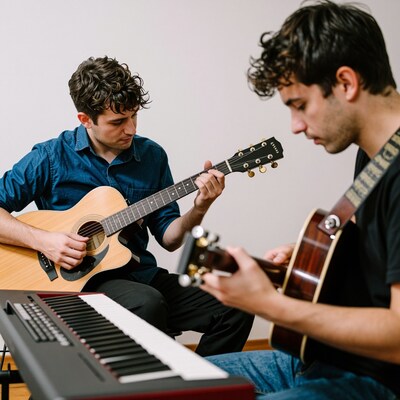 Two men playing acoustic guitars